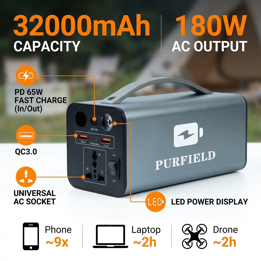 Outdoor Power Station - 180W Outdoor Power Station 32000mAh 118.4Wh