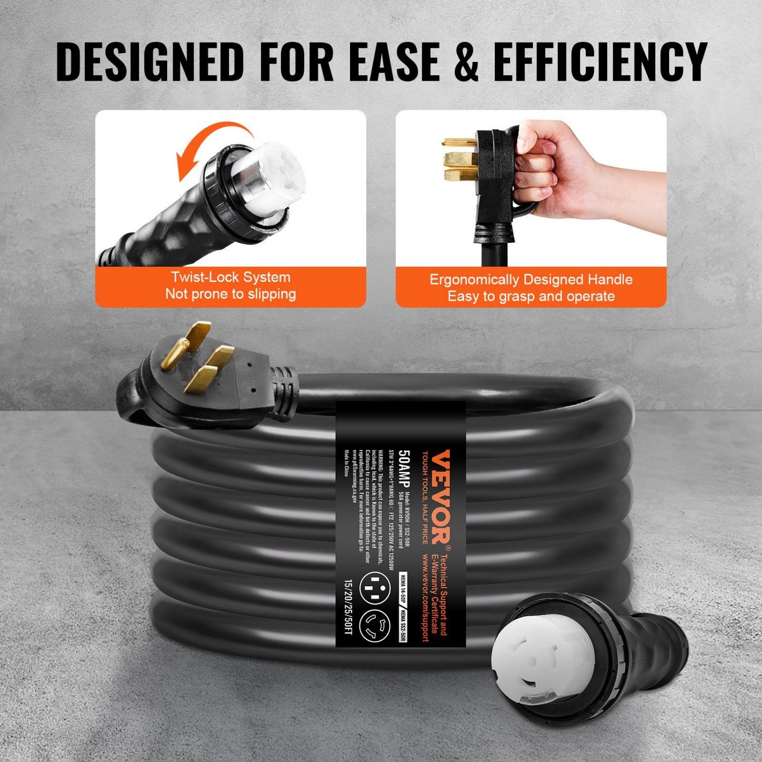 Outdoor Power Inlet Box - 50A 15FT Generator Cord & Power